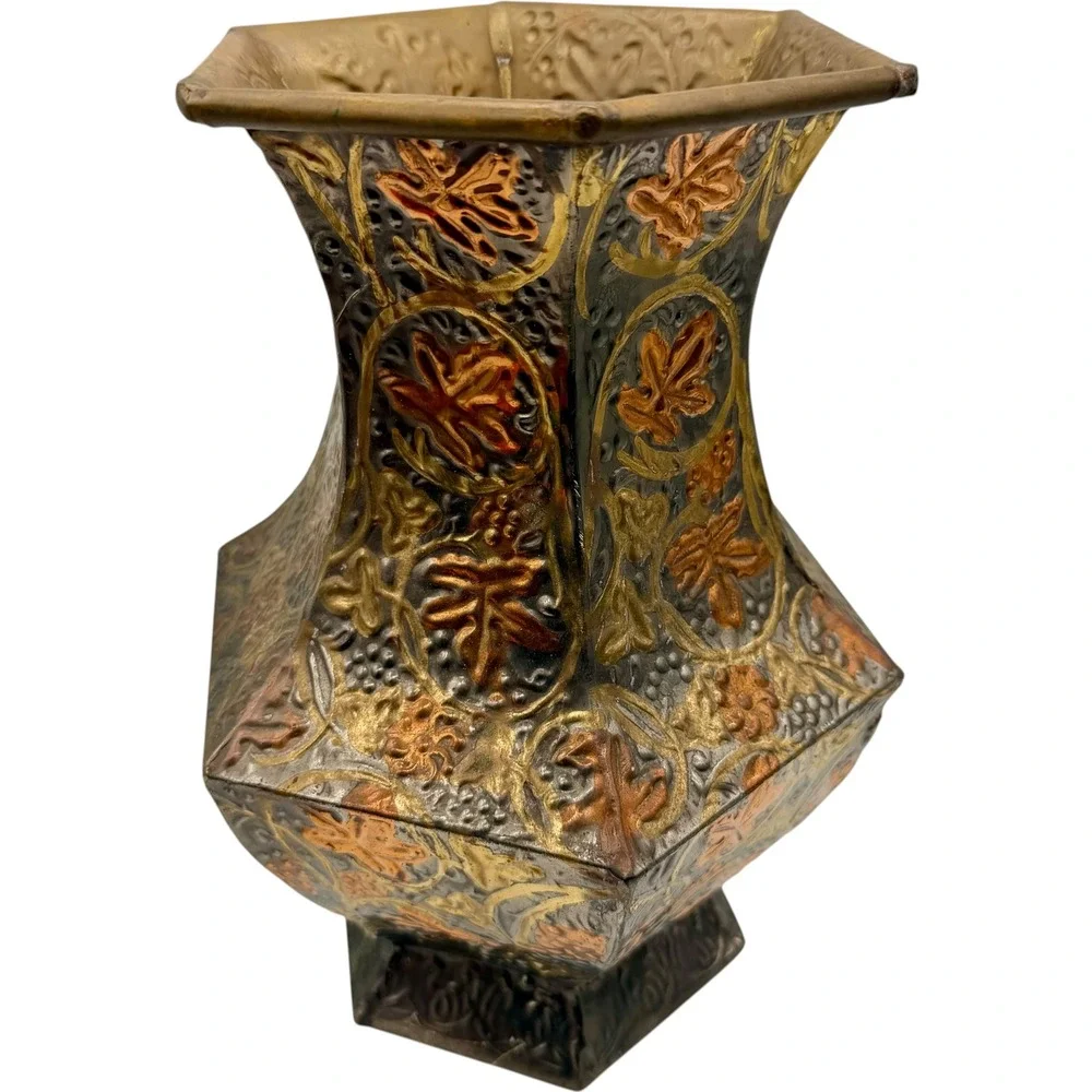 Vintage Mixed Metal Hexagonal Vase Embossed Leaf Design Made in India Good